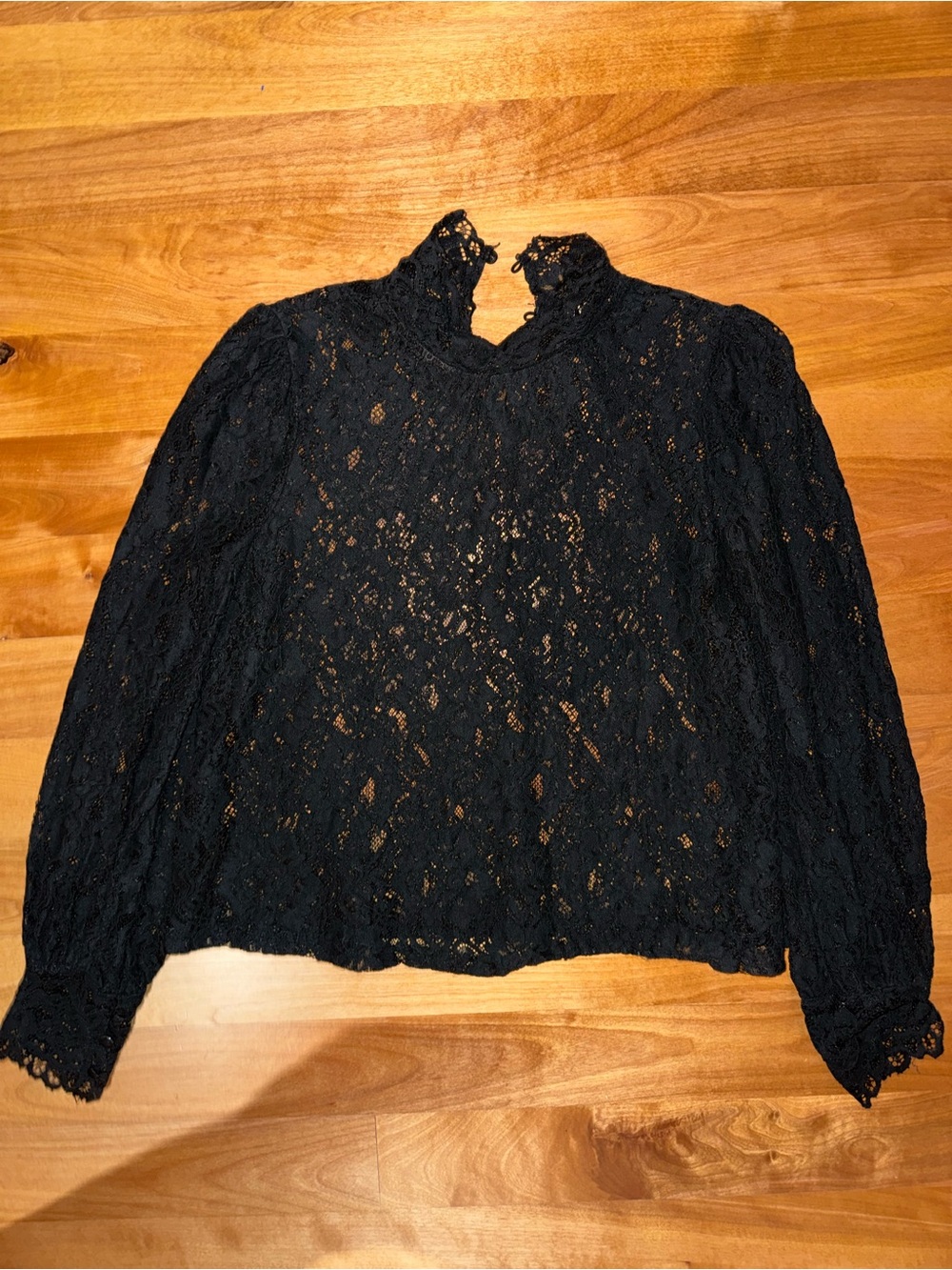 Vici Cropped Black Lace High-Neck Blouse with Long Sleeves